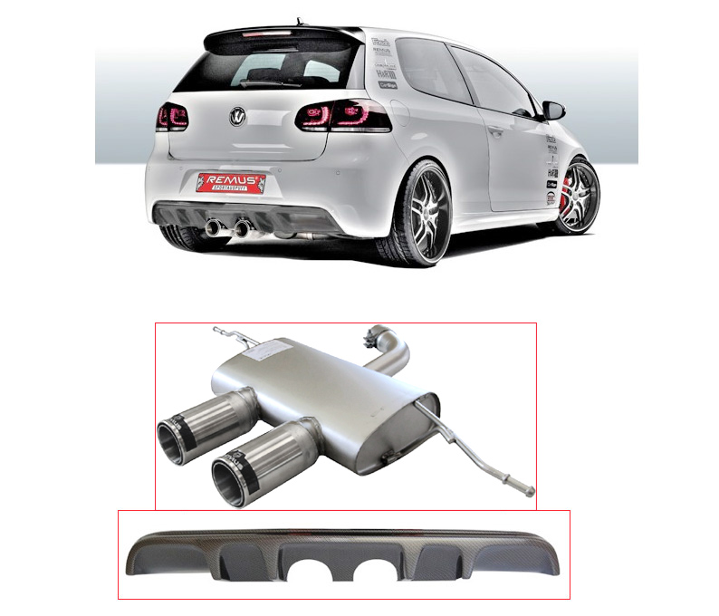 REMUS Sportauspuff / Duplex-ESD für: VW Golf 6 / 1.4TSI, 2.0TDI - 90,118,81,103 kW |  ESD mit Golf R Optik - Endrohre: Street Race 2x 98 mm / mit Heckschürzen-Einsatz in Carbon-Optik