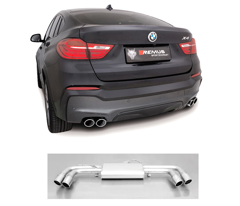 REMUS Sportauspuff / Duplex-ESD für: BMW X3 sDrive,xDrive - F25 /  20i,28i,35i,20d,30d,35d - 135,180,225,120,135,140,151,155,190,210,230 kW | Endrohre 4x 84 rund, schräg, verchromt / incl. M-Paket / Heckschürze muss ausgeschnitten werd