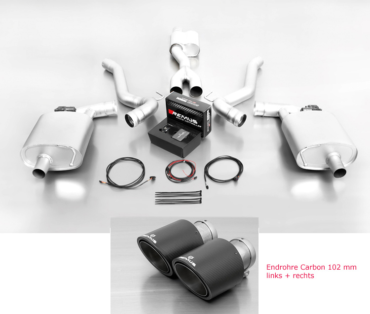 REMUS Sportauspuff / Duplex-Anlage 76mm ab Kat. für: FORD Mustang 2.3T /  2.3 EcoBoost - 233 kW | Endrohre 2x 102 rund,schräg - Carbon/Titan  / mit Klappen (öffnen verboten / Fernbedienungs-Kit optional für Fr.650.- erhältlich)