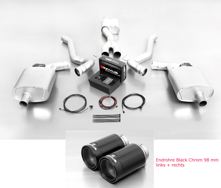 REMUS Sportauspuff / Duplex-Anlage 76mm ab Kat. für: FORD Mustang 2.3T /  2.3 EcoBoost - 233 kW | Endrohre 2x 98 rund,schräg - Street Race Black Chrom  / mit Klappen (öffnen verboten / Fernbedienungs-Kit optional für Fr.650.- erhältlich)