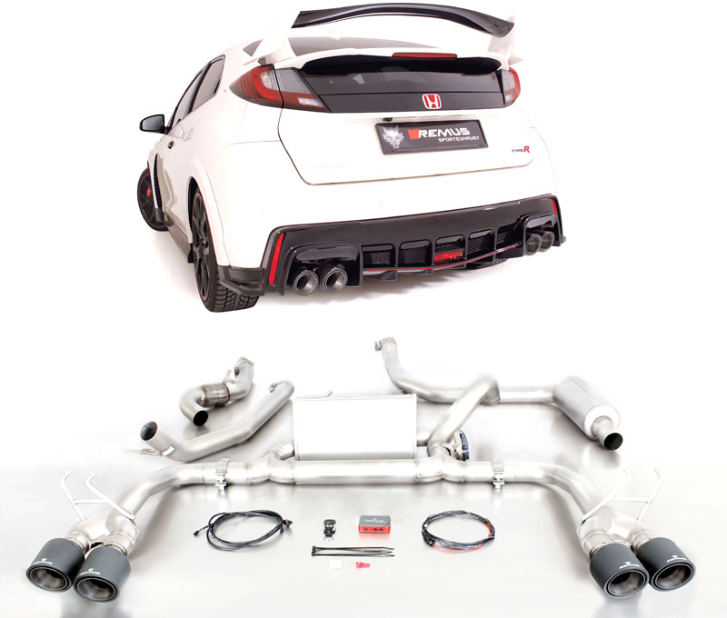 REMUS Sportauspuff / Duplex-Anlage 70mm ab Kat. für: HONDA Civic Type R - FK2 / 2.0T - 228 kW | Endrohre 4x 102 rund - Carbon/Titan | mit Klappe, (öffnen verboten)  4-stufige Fernbedienung + Stellmotor sep. erhältlich  (+ Fr. 590.-).