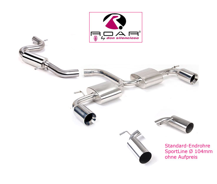 ROAR Sportauspuff Edelstahl / Duplex-Anlage 76mm ab Kat. für: VW Golf 6 GTI / 2.0TFSI - 155 kW | Standard Endrohr-Typ: 2x Sport Line 104 - rund, scharf / weitere Endrohre gegen Aufpreis erhältlich