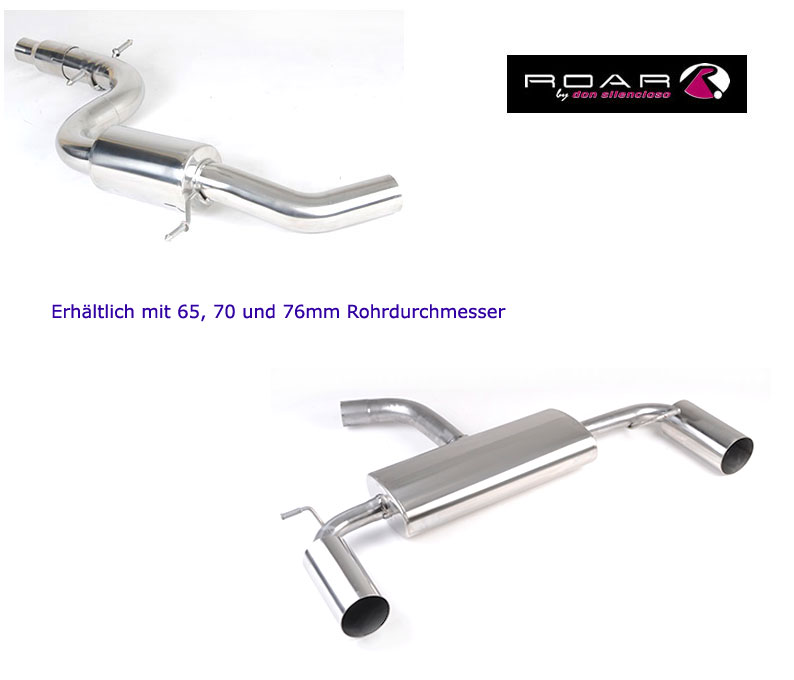 ROAR Sportauspuff Edelstahl / Anlage 70mm ab Kat. für: VW Golf 6 GTI / 2.0TFSI - 155,173 kW | Standard Endrohr-Typ: 2x 104mm SportLine / weitere Endrohre gegen Aufpreis erhältlich