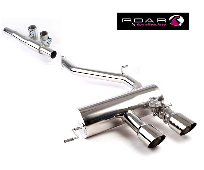 ROAR Sportauspuff Edelstahl / Anlage 76mm ab Kat. für: VW Golf 6 R / 2.0TFSI - 199 kW | Standard Endrohr-Typ: 2x Sport Line 104 - rund, scharf, schräg / viele weitere Endrohre gegen Aufpreis erhältlich / ESD hat eine Klappe