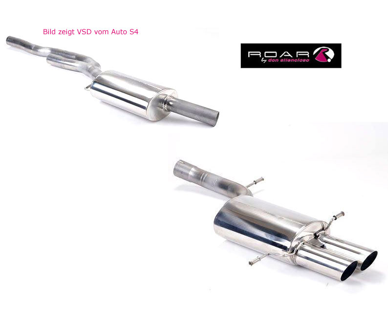 ROAR Sportauspuff Edelstahl / Anlage 63,5mm ab Kat. für: AUDI RS4 - B5 / 2.7T - 280 kW | Standard Endrohr-Typ: 2x Sport Line 76 schräg, scharf / viele weitere Endrohre gegen Aufpreis erhältlich