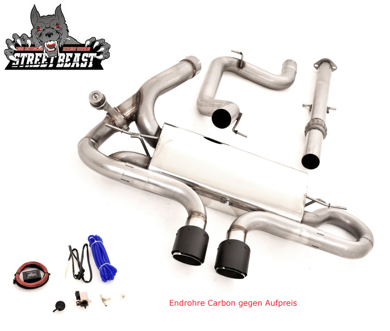 STREET BEAST Klappen-Auspuff / Duplex-Anlage 76mm ab Kat. für: FORD Focus ST - DYB / 2.0T - 184 kW  |  Endrohr-Typen: alle  |  Klappensteuerung über Handy-APP