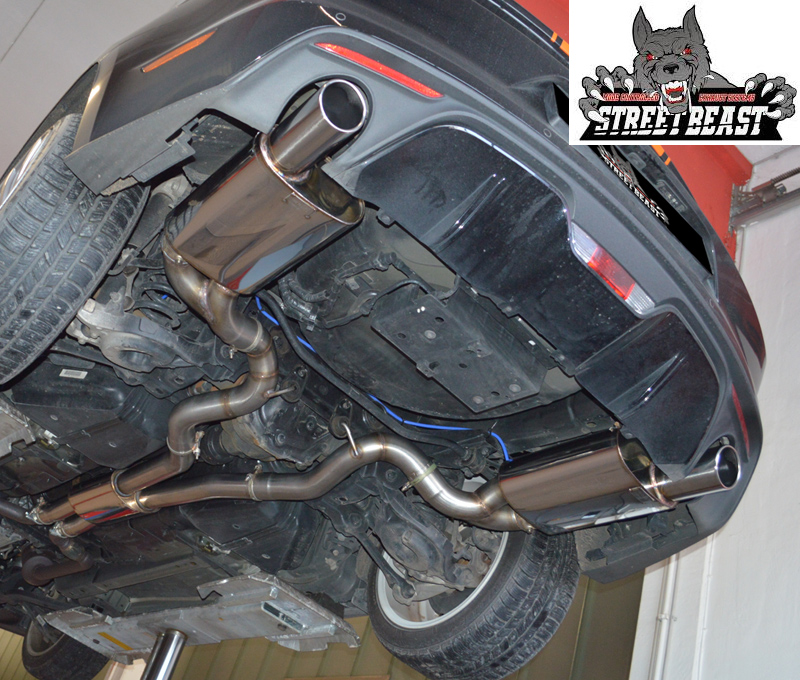STREET BEAST Klappen-Auspuff / Duplex-Anlage 70mm ab Kat. für: FORD Mustang - LAE / 2.3T - 233 kW  |  Endrohr-Typen: alle  |  Klappensteuerung mit Drive Mode: im Sport+- und Track-Modus = Klappe geöffnet