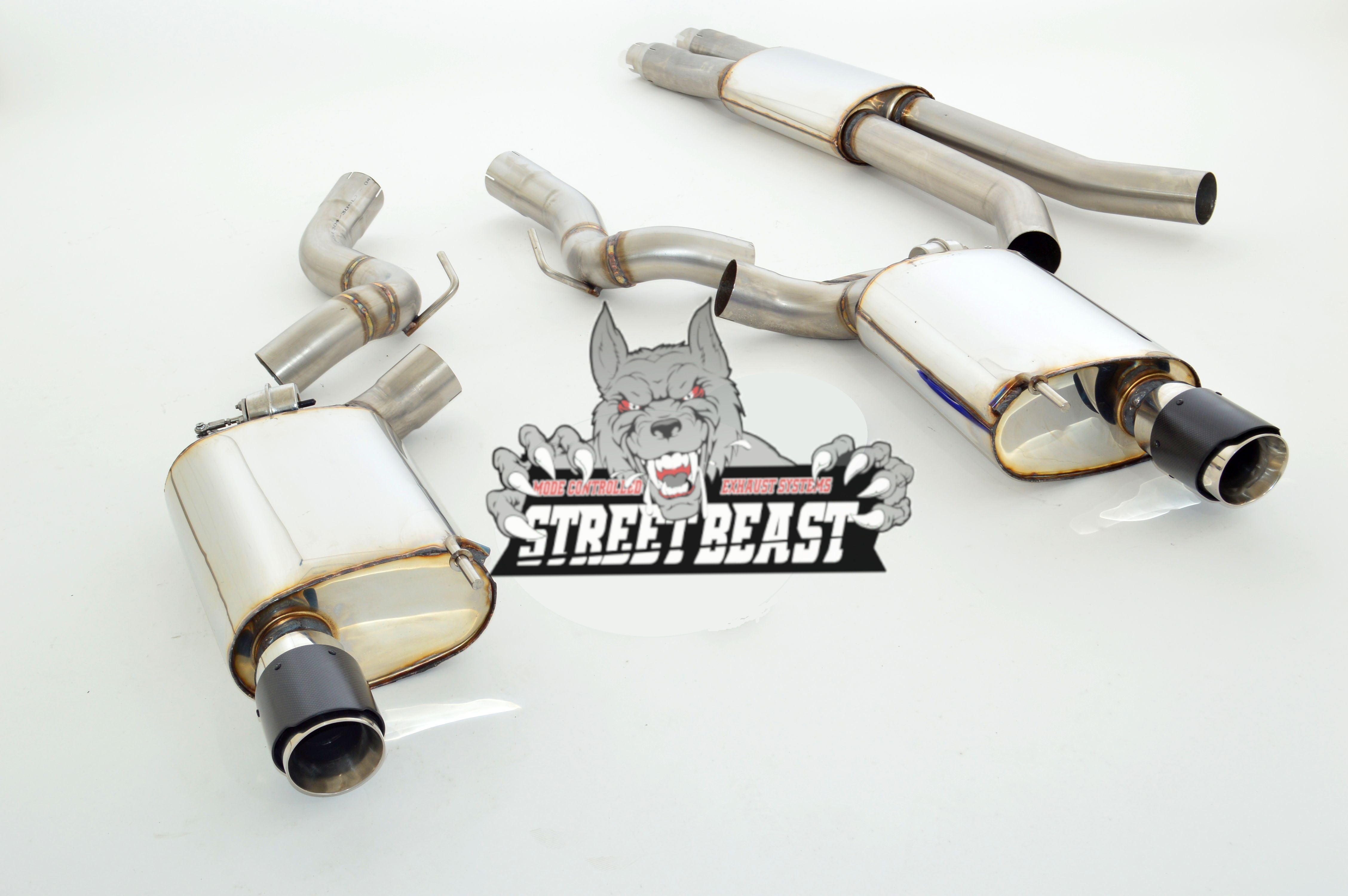 STREET BEAST Klappen-Auspuff / Duplex-Anlage 76mm ab Kat. für: FORD Mustang GT - LAE / 5.0 - 310 kW  |  Endrohr-Typen: alle  |  Klappensteuerung mit Drive Mode: im Sport+- und Track-Modus = Klappe geöffnet