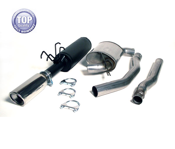 SIMONS Sportauspuff Chromstahl / Anlage 63,5mm ab Kat. für: VOLVO 850, S70, V70 / 1991-2000 / 2.0, 2.4 / 93,120,106,125 KW | Endrohr: 1x 100 rund, schräg / nicht für Fahrzeuge mit Innenraumheizung neben dem Schalldämpfer