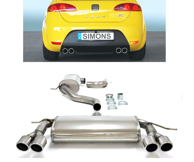 SIMONS Sportauspuff Edelstahl / Duplex-Anlage 76mm ab Kat. für: SEAT Leon - 1P / 1.8TSI, 2.0TFSI / 118,147,155 kW | Endrohr: 4x 80 rund, schräg