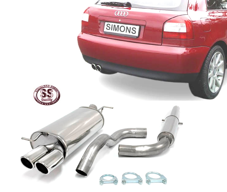 SIMONS Sportauspuff Edelstahl / Anlage 63,5mm ab Kat. für: AUDI A3 - 8L / 1.8T - 110,132 kW | Endrohr: 2x 80 rund, schräg / Spez. Turbo-Anlage mit wenig Staudruck | passend zu S3-Heckschürze oder orig. Heckschürze ausschneiden.