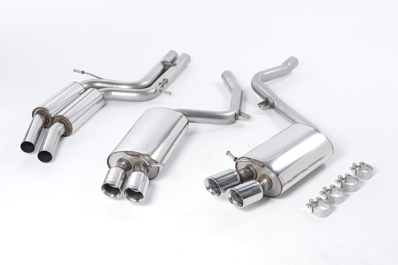 MILLTEK Sportauspuff / Duplex-Anlage 2x 60 mm ab Kat. für: AUDI S5 Coupé V8 4.2 / 2007-11 | Endrohre GT 4x 80 rund,schräg / nicht zu Tiptronic passend