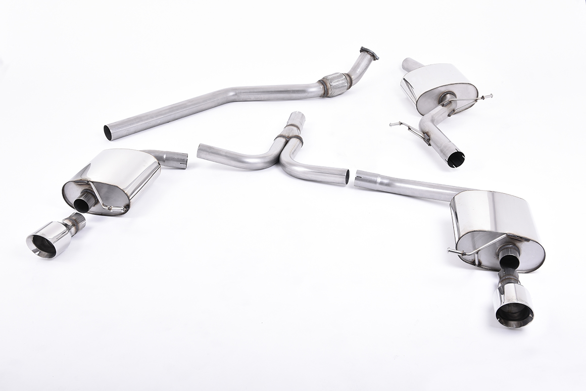 MILLTEK Sportauspuff / Duplex-Anlage 70mm ab Kat. für: AUDI A4 2.0TFSI SLine - B8, inkl. Quattro (nur 6-Gang) | Endrohre 2x 100 rund GT, seitlich schräg / passt mit A4 3.2FSI SLine Heckeinsatz