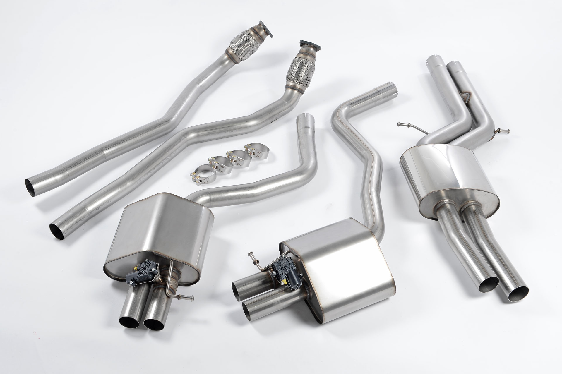 MILLTEK Sportauspuff / Duplex-Anlage 2x 70mm ab Kat. für: AUDI RS6 Avant- 4G / 4.0 - 412,445 kW | Endrohre 4x rund, Optik bleibt wie orig., mit Klappen / Mit VSD-Ersatzrohren