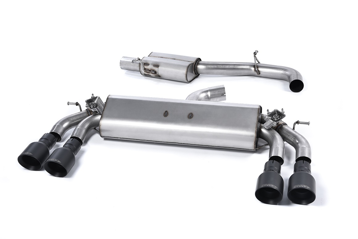 MILLTEK Sportauspuff / Duplex-Anlage 76mm ab Kat. für: AUDI S3 - 8V / 2.0TFSI - 221,228 kW | Endrohre GT 4x 100 rund, schräg, schwarz-matt / ESD mit Klappen