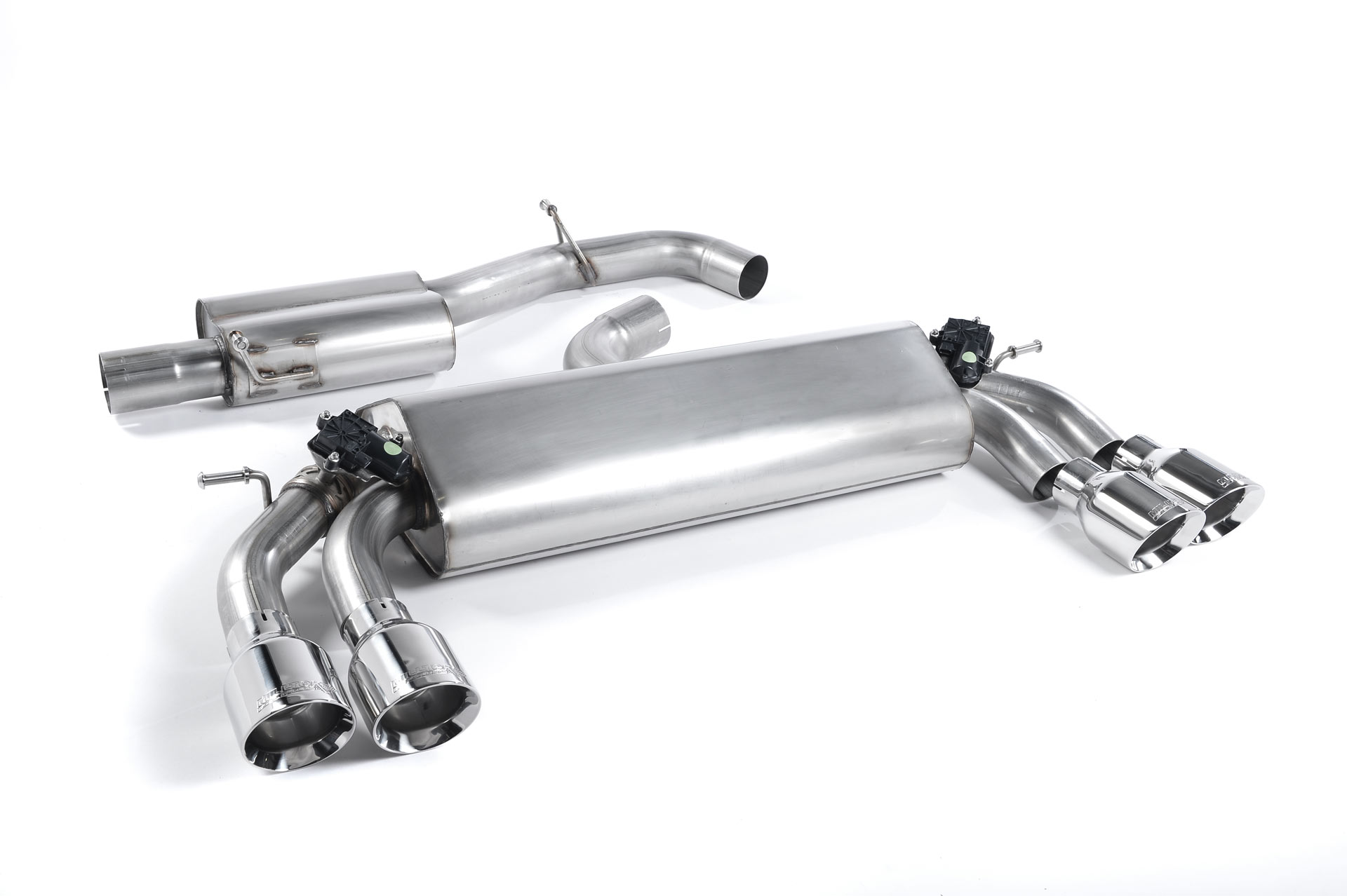 MILLTEK Sportauspuff / Duplex-Anlage 76mm ab Kat. für: AUDI S3 - 8V / 2.0TFSI - 221,228 kW | Endrohre GT 4x 100 rund, schräg - verchromt / ESD mit Klappen