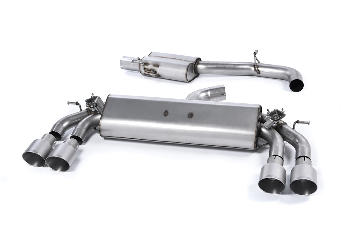 MILLTEK Sportauspuff / Duplex-Anlage 76mm ab Kat. für: AUDI S3 - 8V / 2.0TFSI - 221,228 kW | Endrohre GT 4x 100 rund, schräg, Titan matt / ESD mit Klappen