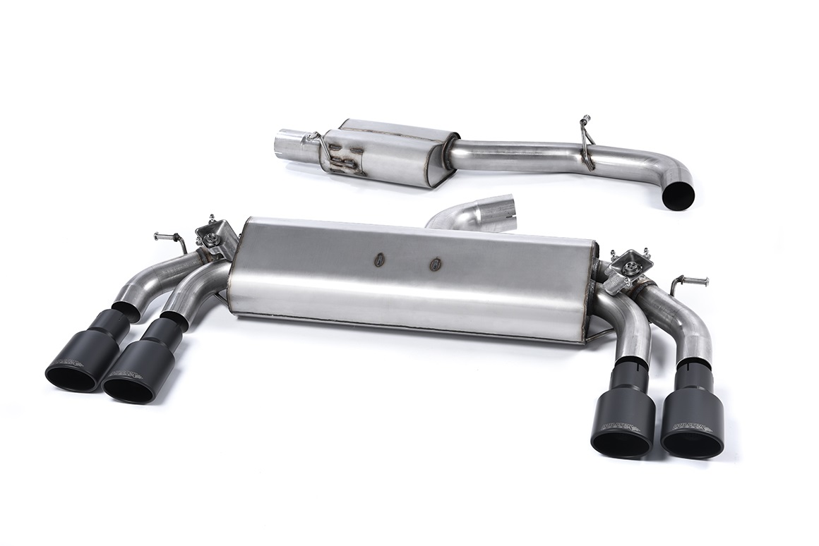 MILLTEK Sportauspuff / Duplex-Anlage 76mm ab Kat. für: AUDI S3 - 8V / 2.0TFSI - 221,228 kW | Endrohre 4x 104x80 oval, schräg, schwarz-matt / ESD mit Klappen