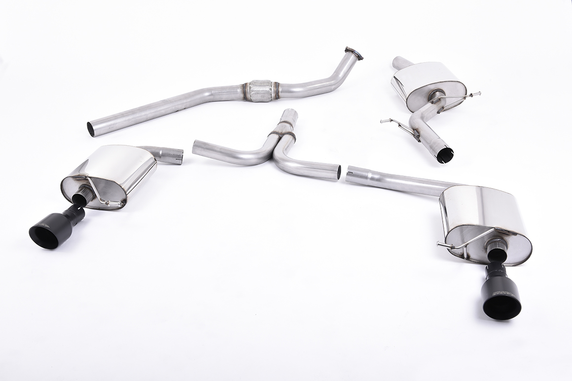 MILLTEK Sportauspuff / Duplex-Anlage 70mm ab Kat. für: AUDI A5 Coupé S-Line - B8, S-Tronic, inkl. Quattro / 1.8TFSI, 2.0TFSI - 118,132,155 kW |  Endrohre 2x 100 rund GT, schräg, schwarz / passt zu 3.2FSI S-Line Heckansatz