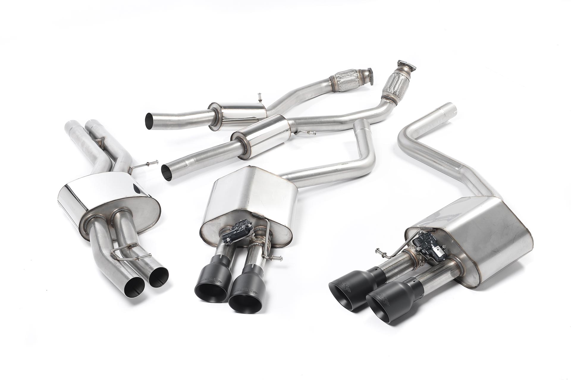 MILLTEK Sportauspuff / Duplex-Anlage 2x 70mm ab Kat. für: AUDI S8 D4 4H / 4.0TFSI - 382 / 445kW | Endrohre GT 4x 100 rund, schräg, mattschwarz / mit CH-Gutachten
