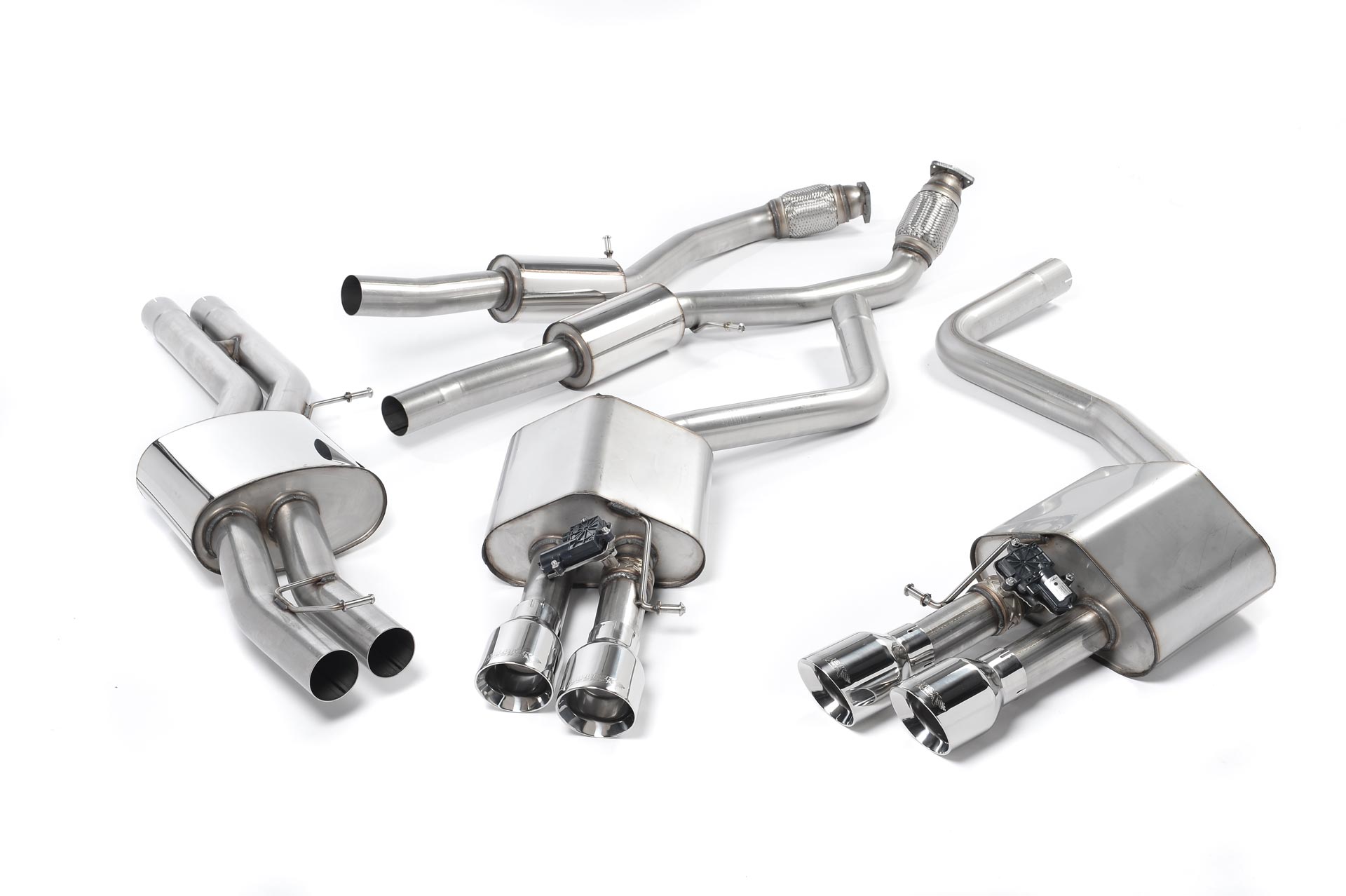 MILLTEK Sportauspuff / Duplex-Anlage 2x 70mm ab Kat. für: AUDI S8 - D4 / 4.0TFSI - 382/445kW | Endrohre GT 4x 100 rund, schräg, poliert / mit CH-Gutachten
