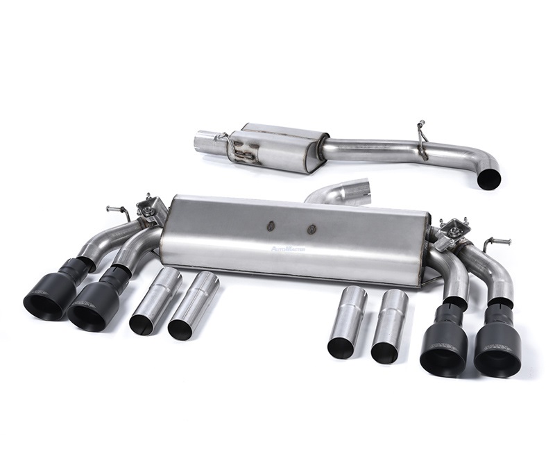 MILLTEK Sportauspuff / Duplex-Anlage 76mm ab Kat./OPF für: AUDI S3 Lim. + Cabrio - 8V / 2.0TFSI - 221 kW, mit OPF | Endrohre GT 4x 100 rund, schräg, schwarz-matt / ESD mit Klappen