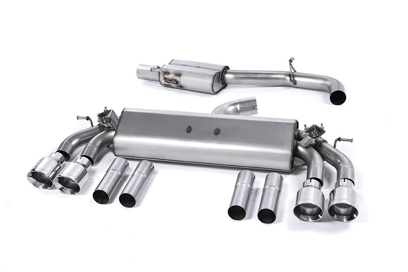 MILLTEK Sportauspuff / Duplex-Anlage 76mm ab Kat. für: AUDI S3 Lim. + Cabrio - 8V /2.0TFSI - 221,228 kW | Endrohre GT 4x 100 rund, schräg - verchromt / ESD mit Klappen