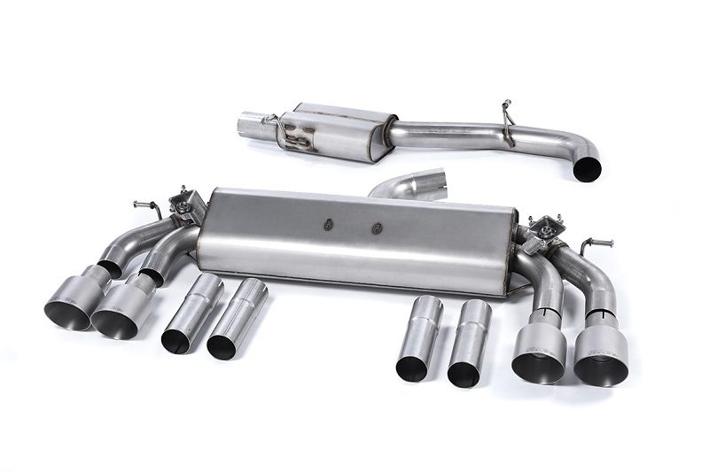 MILLTEK Sportauspuff / Duplex-Anlage 76mm ab Kat. für: AUDI S3 Lim. + Cabrio - 8V /2.0TFSI - 221,228 kW | Endrohre Titan GT 4x 100 rund, schräg - verchromt / ESD mit Klappen