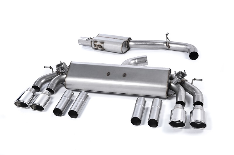 MILLTEK Sportauspuff / Duplex-Anlage 76mm ab Kat. für: AUDI S3 Lim. + Cabrio - 8V / 2.0TFSI - 221,228 kW | Endrohre 4x 104x80 oval, schräg - verchromt / ESD mit Klappen
