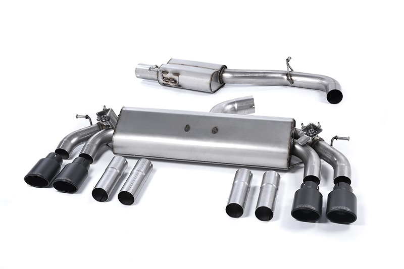 MILLTEK Sportauspuff / Duplex-Anlage 76mm ab Kat. für: AUDI S3 Lim. + Cabrio - 8V / 2.0TFSI - 221,228 kW | Endrohre 4x 104x80 oval, schräg, schwarz-matt / ESD mit Klappen