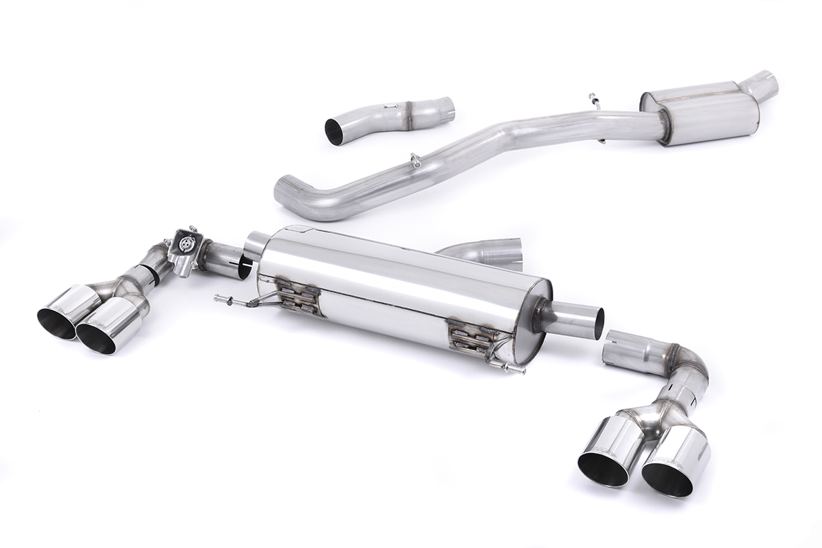 MILLTEK Sportauspuff / Duplex-Anlage 76mm ab Kat. für: AUDI S1 - 8X / 2.0TFSI - 170 kW | Endrohre 4x 90 rund, schräg - verchromt / ESD mit Klappe