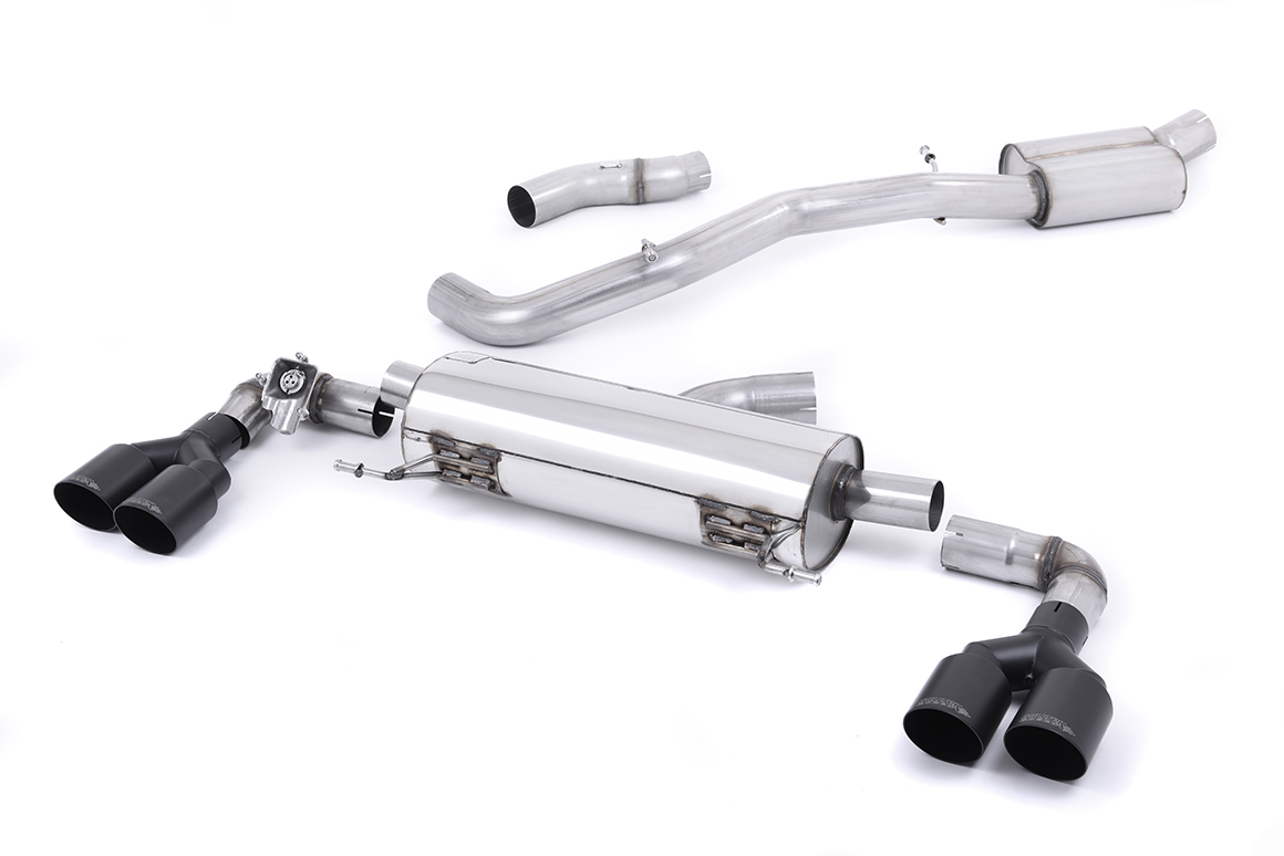 MILLTEK Sportauspuff / Duplex-Anlage 76mm ab Kat. für: AUDI S1 - 8X / 2.0TFSI - 170 kW | Endrohre GT 4x 90 rund, schräg - Cerakote black / ESD mit Klappe