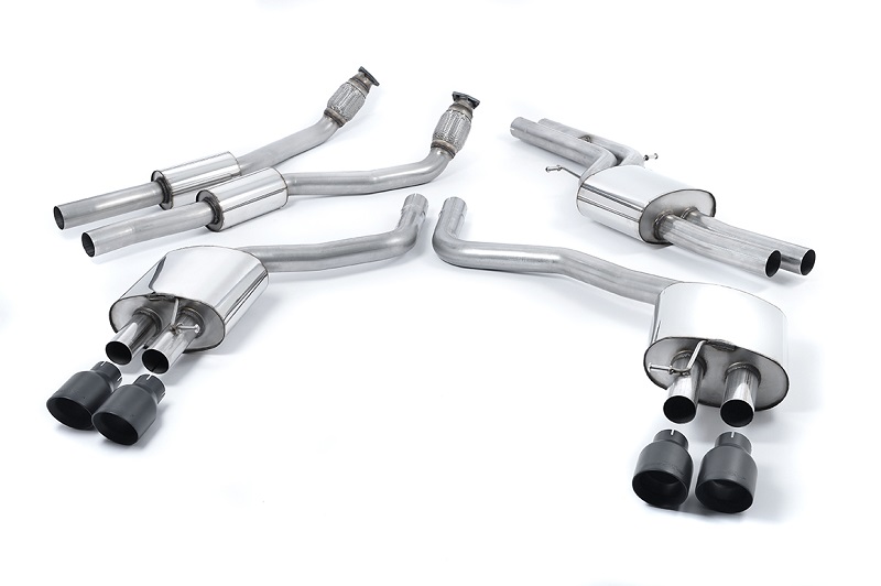 MILLTEK Sportauspuff / Duplex-Anlage 2x 70mm ab Kat. für: AUDI S7 Sportback / 4.0TFSI - 309 kW | 2-flutig mit MSD - Endrohre GT 4x 100 rund, schräg, schwarz 'Cerakote'
