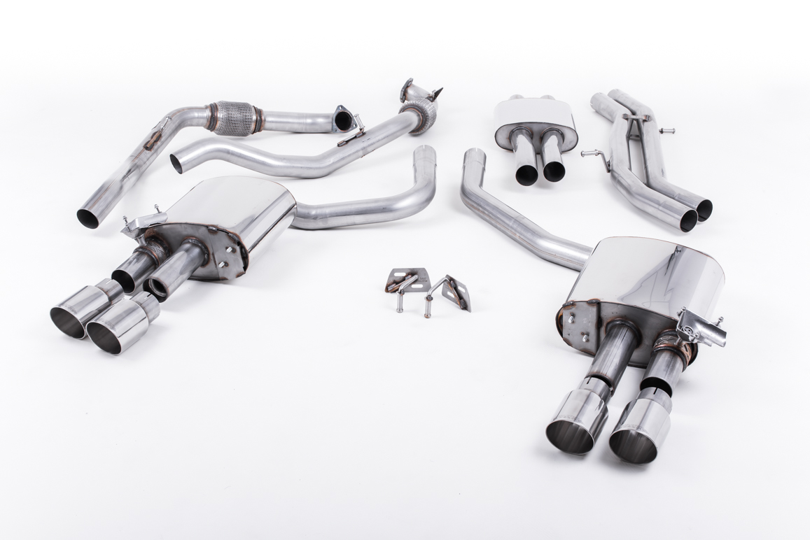 MILLTEK Sportauspuff / Duplex-Anlage 2x 63.5 mm ab Kat. für: AUDI S4 - B9, incl. Avant / 3.0TFSI - 260 kW |  Endrohre: 4x GT90 rund - poliert / bitte bei der Best. angeben, ob für Modell ohne oder mit Sport-Differential