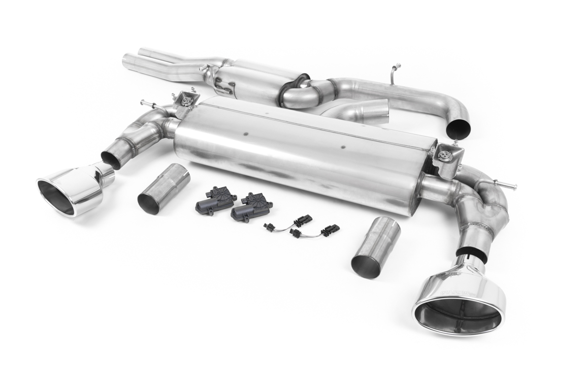 MILLTEK Sportauspuff / Duplex-Anlage 76mm ab Kat. für: AUDI RS3 Limousine - 8V, Facelift / 2.5TSI - 294 kW, ohne/mit OPF  |  Endrohre 2x 170x107 oval - verchromt / mit Klappen