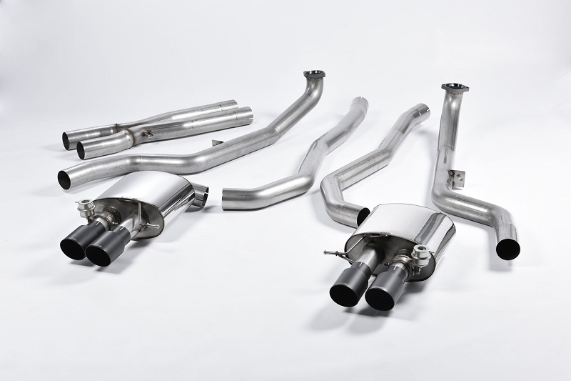 MILLTEK Sportauspuff / Duplex-Anlage 2x 76mm ab Kat. für: BMW M5 - F10 / 4.4 V8 - 412 kW | 2-flutig, ESD mit Klappen / Endrohre GT 4x 90 rund, schräg, schwarz Cerakote
