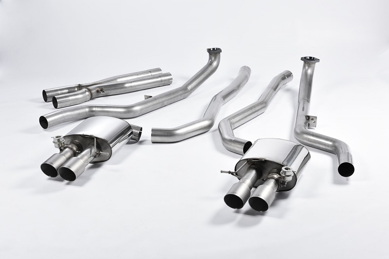MILLTEK Sportauspuff / Duplex-Anlage 2x 76mm ab Kat. für: BMW M5 - F10 / 4.4 V8 - 412 kW | 2-flutig, ESD mit Klappen / Endrohre GT 4x 90 rund, schräg, TITAN matt