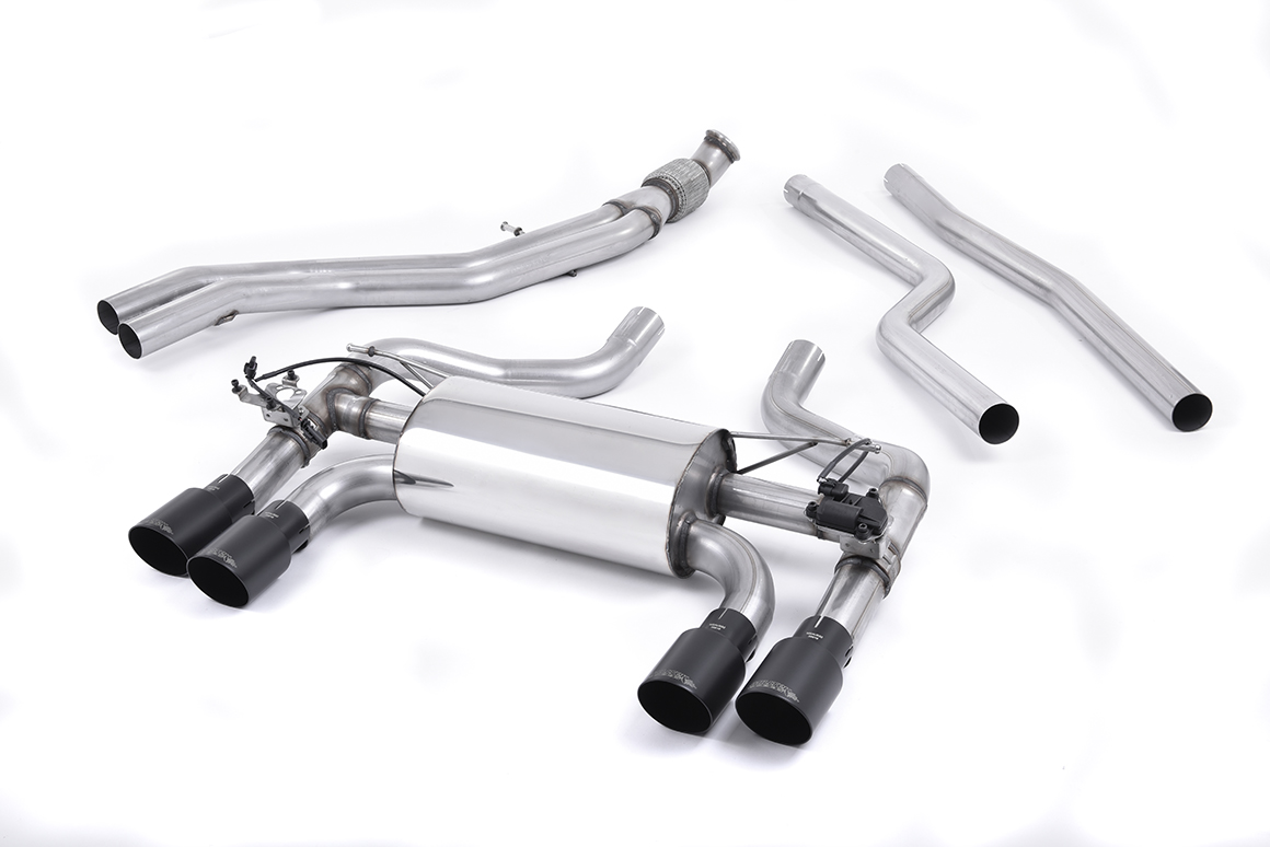 MILLTEK Sportauspuff / Anlage 2x 63,5mm ab Kat. für: BMW M2 - F87 / 3.0T - 272 kW  | Endrohre 4x 90 GT, rund, schwarz Cerakote / mit 2 Klappen, HollowTek Technology