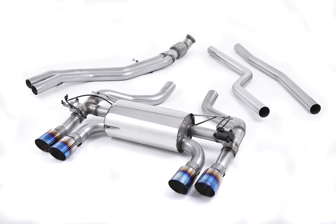 MILLTEK Sportauspuff / Anlage 2x 63,5mm ab Kat. für: BMW M2 - F87 / 3.0T - 272 kW  | Endrohre 4x 90 GT, rund Titan burned / mit 2 Klappen, HollowTek Technology