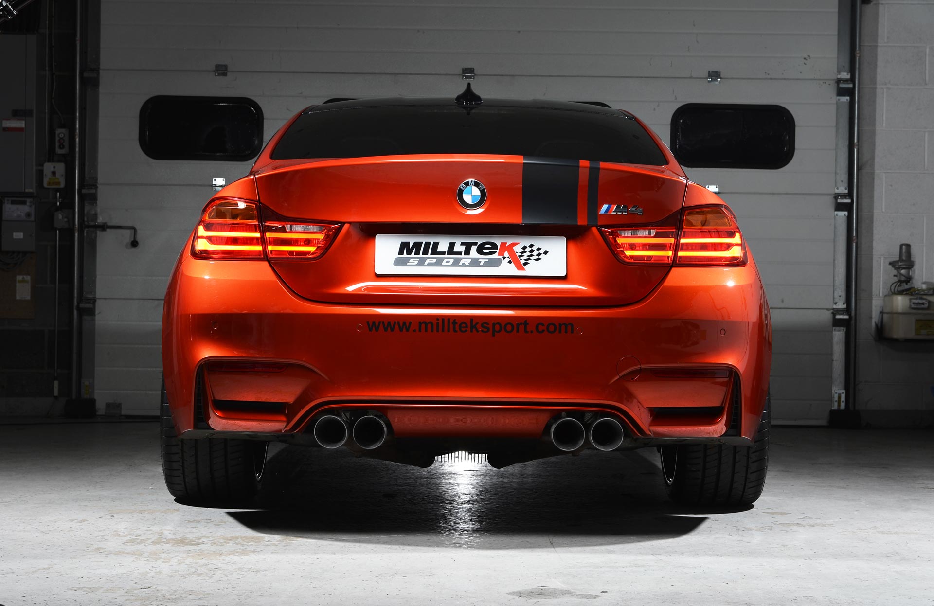 MILLTEK Sportauspuff / Duplex-Anlage 2x 70mm ab Kat./OPF für: BMW M4 - F82,F83 / 3.0T - 317,331 kW, mit OPF | Endrohre 4x GT90 - Cerakote Black / mit Klappen