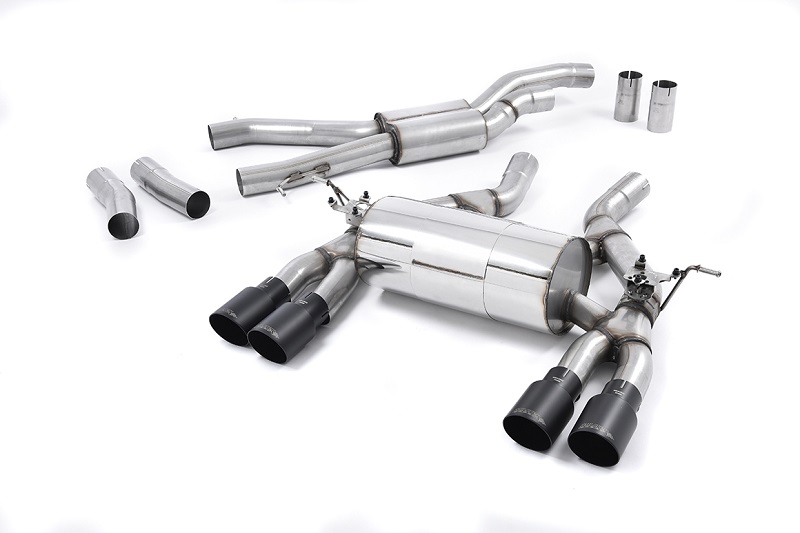 MILLTEK Sportauspuff / Duplex-Anlage 2x 70mm ab Kat. für: BMW M3 - F80 / 3.0T - 317,331 kW | Endrohre 4x GT90 - Cerakote Black / mit Auspuffklappen