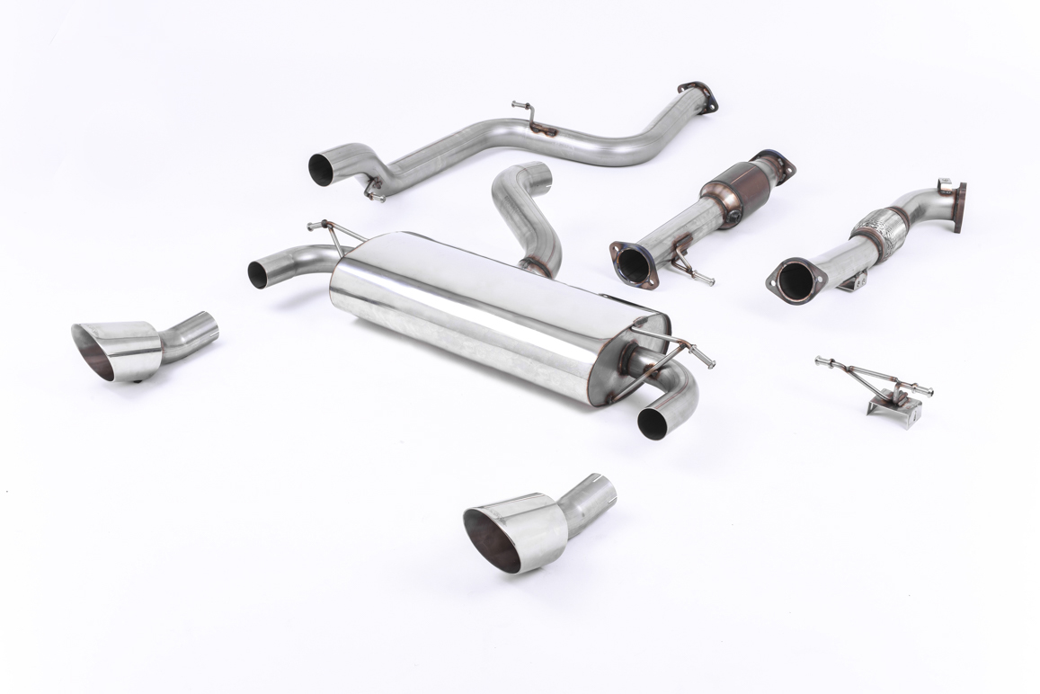 MILLTEK Sportauspuff Edelstahl / Anlage 76mm ab Turbo für: FORD Focus RS 2.5T - 224 kW | Endrohr 2x 115 DTM-Style / inkl. Down-Pipe + 200cpsi Sport-Kat. / mit CH-Gutachten