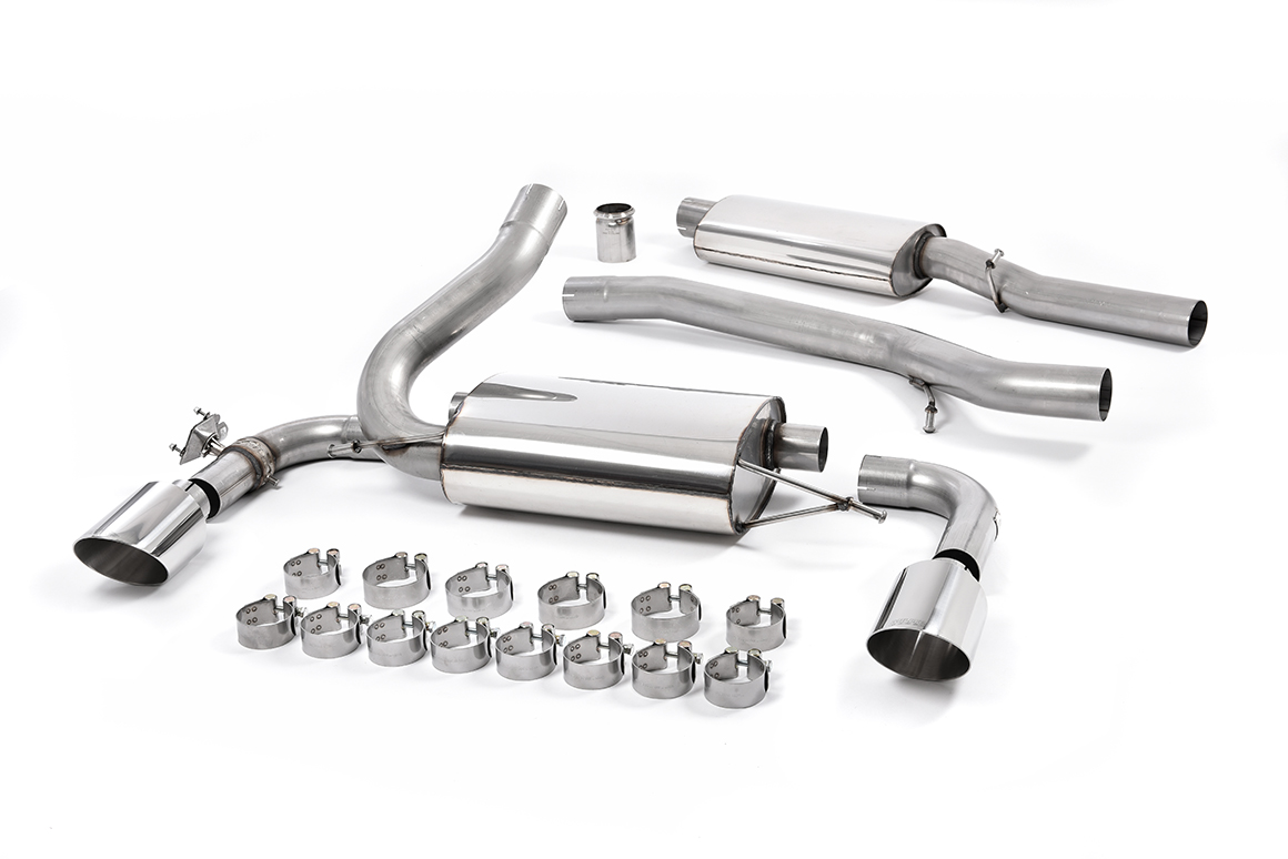MILLTEK Sportauspuff / Duplex-Anlage 76mm ab Kat. für: FORD Focus RS - DYB / 2.3T - 257 kW | Endrohr 2x GT 115 - poliert  / ESD mit Klappe wie orig.
