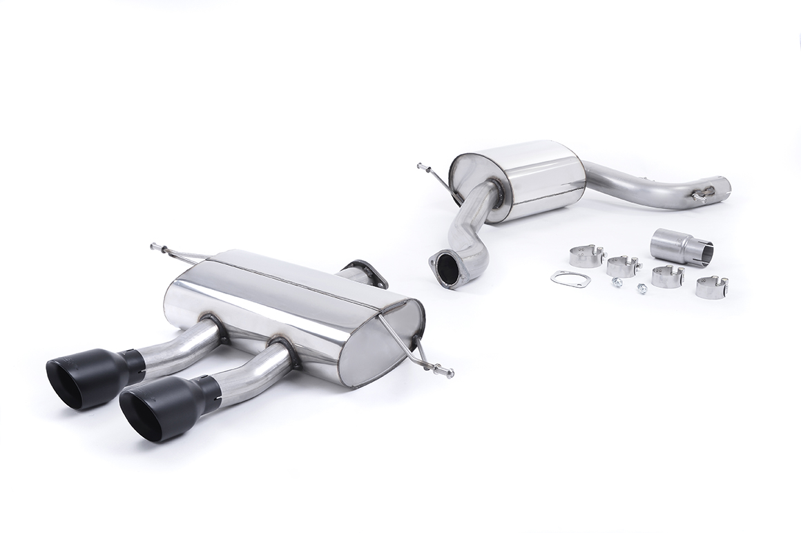 MILLTEK Sportauspuff / Anlage 76mm ab Kat. für: SEAT Leon FR, Cupra, Cupra R, R310 - 1P / 2.0TSI - 147,155,177,195,228 kW | Endrohr GT 2x 100 rund, schräg, schwarz / passt zu Seat Heckschürze: 1P0071061A