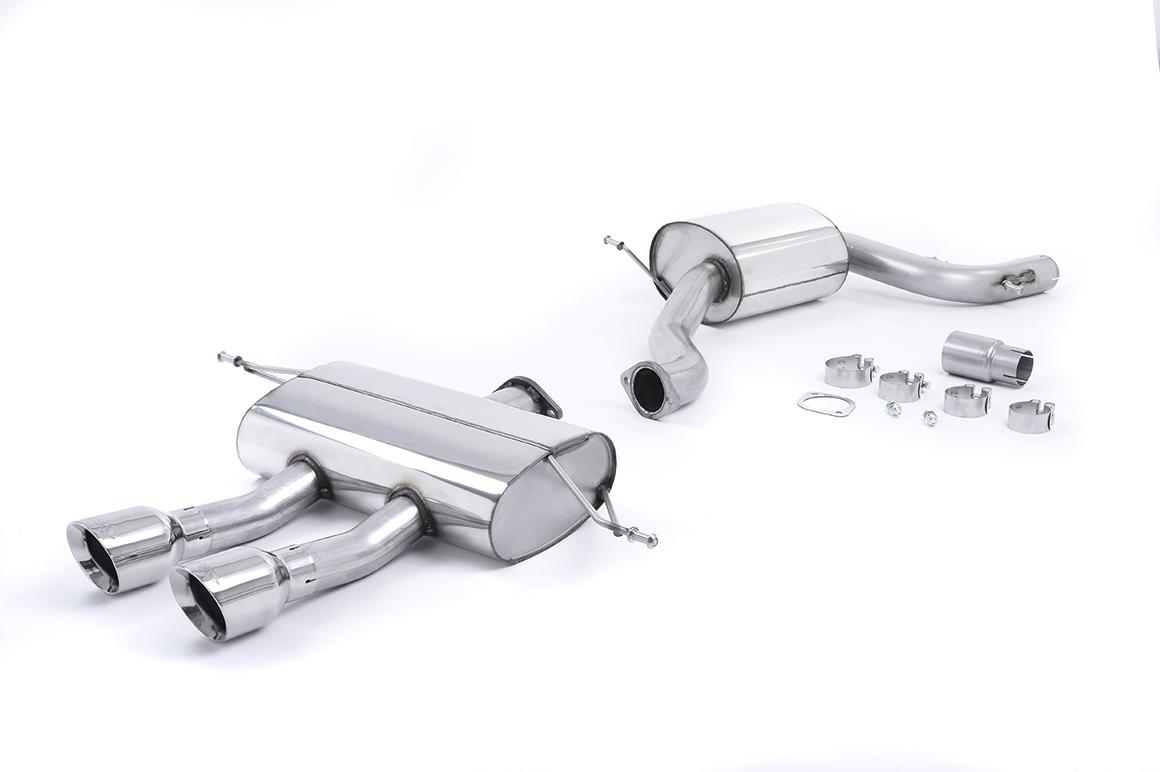MILLTEK Sportauspuff / Anlage 76mm ab Kat. für: SEAT Leon FR, Cupra, Cupra R, R310 - 1P / 2.0TSI - 147,155,177,195,228 kW | Endrohr GT 2x 100 rund, schräg, poliert / passt zu Seat Heckschürze: 1P0071061A
