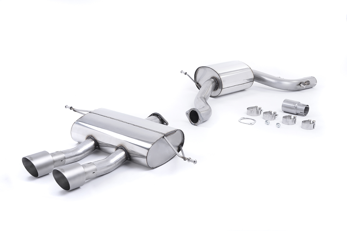 MILLTEK Sportauspuff / Anlage 76mm ab Kat. für: SEAT Leon FR, Cupra, Cupra R, R310 - 1P / 2.0TSI - 147,155,177,195,228 kW | Endrohr GT 2x 100 rund, schräg, Titanium matt / passt zu Seat Heckschürze: 1P0071061A