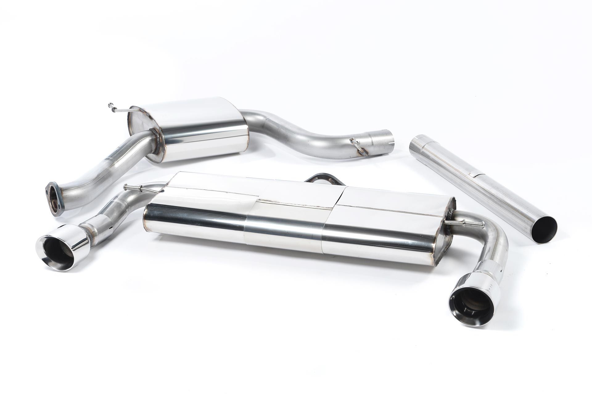 MILLTEK Sportauspuff / Duplex-Anlage 76mm ab Kat. für: VW Golf 7 GTI / 2.0TFSI - 162,169,195 kW | MSD + ESD / Endrohre GT 2x 100 schräg - verchromt