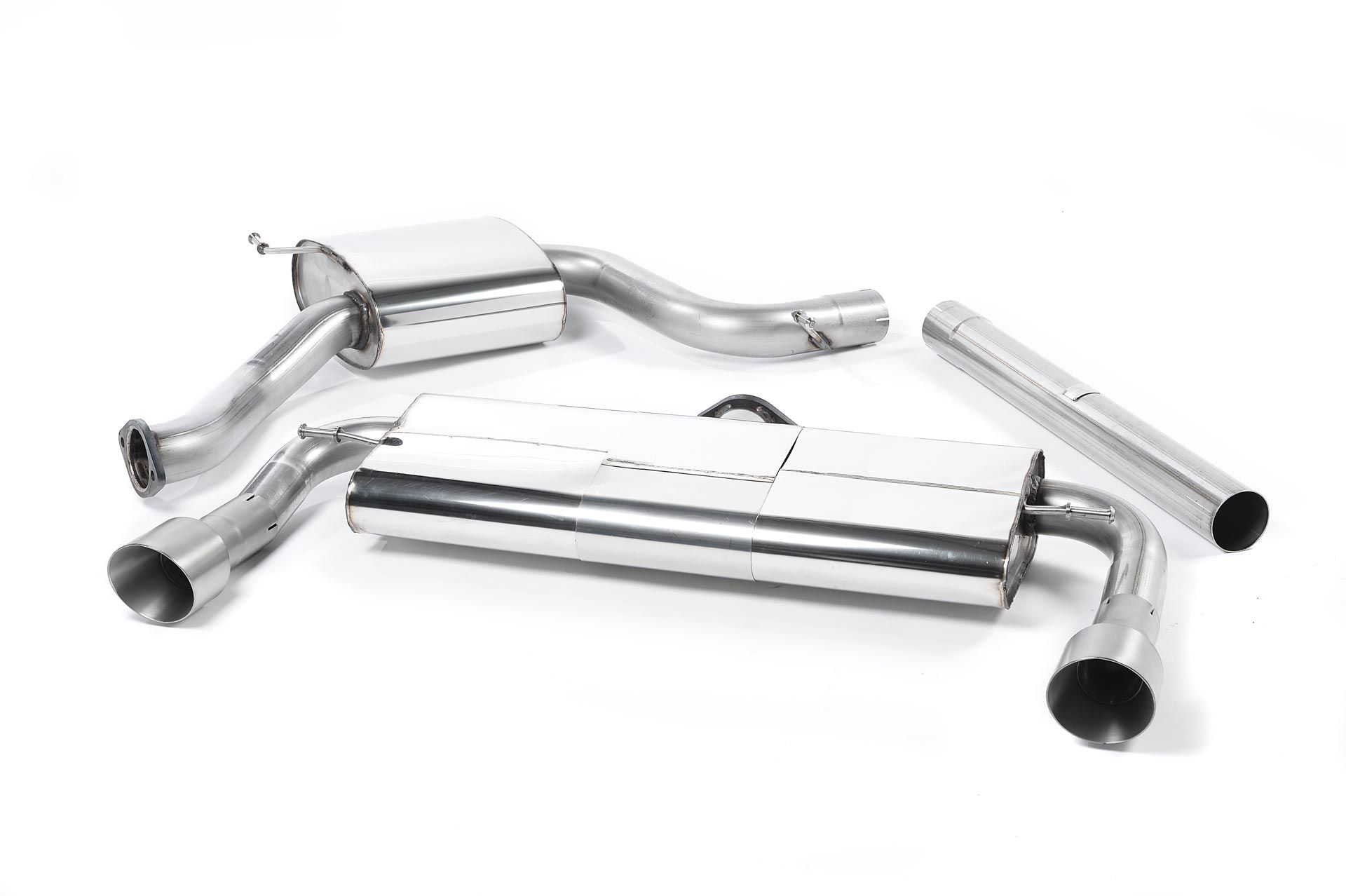 MILLTEK Sportauspuff / Duplex-Anlage 76mm ab Kat. für: VW Golf 7 GTI / 2.0TFSI - 162,169,195 kW | MSD + ESD / Endrohre GT 2x 100 schräg, Titan gebürstet
