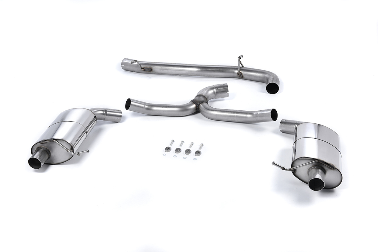 MILLTEK Sportauspuff / Duplex-Anlage 76mm ab Kat. für: VW Golf 7 R Variant / 2.0TFSI - 221 kW | ohne Endrohre, passt zu den orig. Endrohrblenden