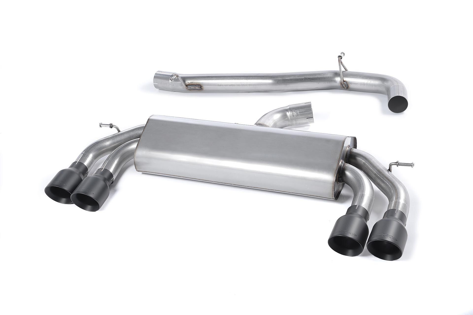MILLTEK Sportauspuff / Duplex-Anlage 76mm ab Kat./OPF für: VW Golf 7 R / 2.0TFSI - 221 kW, mit OPF | Endrohre 4x GT100 - Cerakote Black matt / ESD mit Klappen